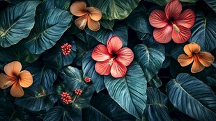 艳丽扶桑与繁茂绿叶景观