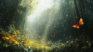 阳光竹林间的蝴蝶梦幻之景
