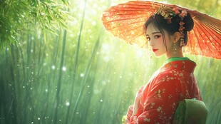 红衣佳人撑伞立竹林间