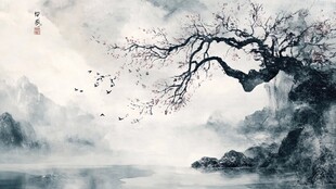 水墨孤树山水间