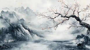 水墨山水间的孤树景致