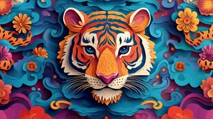 剪纸风老虎与绚丽花卉图案