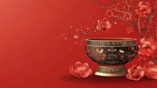 红底中式瓷盆与绽放梅花