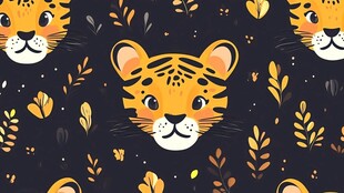 可爱老虎与植物图案背景