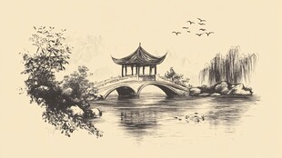 水墨江南桥亭飞鸟图