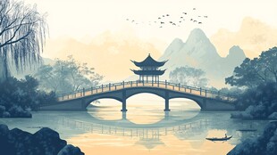 水墨江南桥畔山水景致