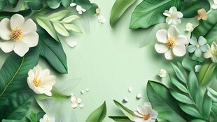 清新绿叶白花边框背景图