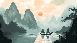 江上帆船映夕阳美景