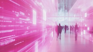 科技感走廊中的行人身影