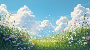 蓝天白云下的烂漫花草地