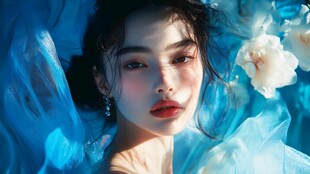 梦幻蓝纱下的唯美少女