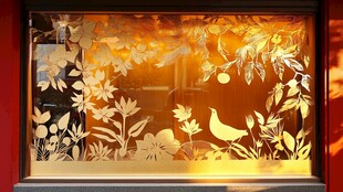 中式窗棂上的花鸟金箔图案