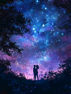 星空下的浪漫情侣剪影