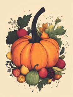 秋日南瓜与缤纷果蔬插画