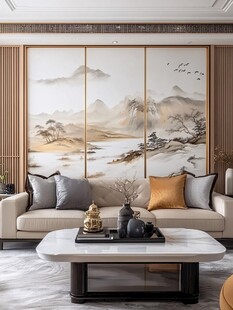 中式客厅山水壁画沙发场景
