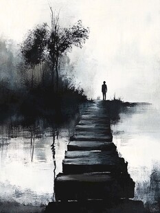 孤独旅人于雾中石板路