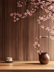 木质背景下的茶与花枝