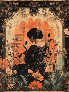 复古女子置身繁花之中