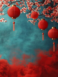 红灯笼映繁花喜庆氛围