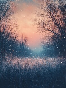梦幻黄昏下的森林草地