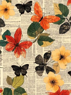 报纸底纹上的花卉蝴蝶图案