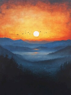 山间日落飞鸟壮丽美景