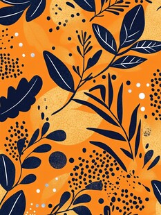 橙底蓝叶抽象植物图案