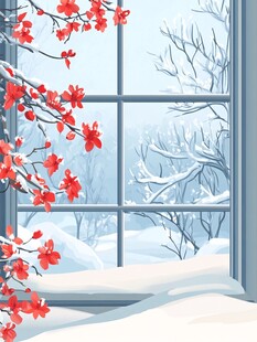 窗边红梅映雪景