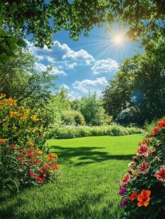 阳光明媚的多彩花园景致