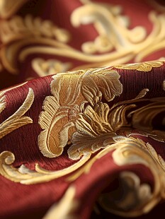 深红锦缎上的精美金色花纹