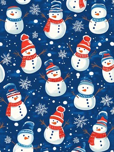 蓝色背景可爱雪人雪花图案