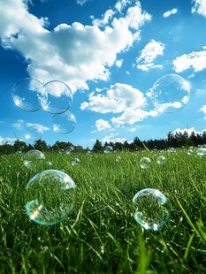 蓝天草地间的梦幻泡泡