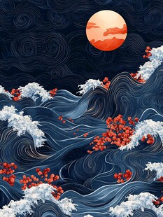 月夜海浪与繁花之景