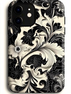 黑白花卉风手机壳图案设计