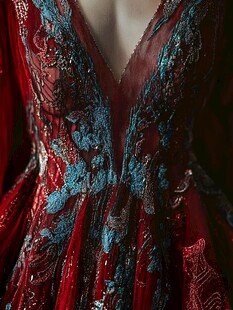 华丽红裙上的精致蓝绣
