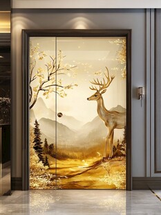 金色鹿景入户门装饰画