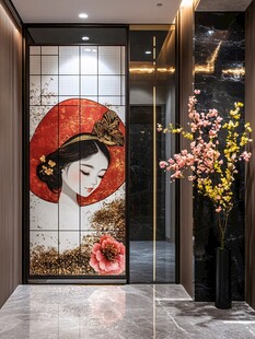 中式玄关处的古典美人壁画