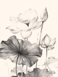 黑白水墨荷花清雅图