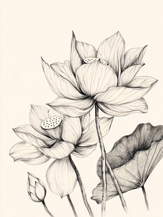 黑白线描荷花插画