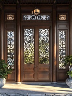 中式古典雕花木门景致