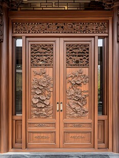 中式雕花实木双开大门
