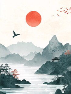 红日青山飞鸟中式山水景