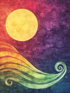 梦幻日月与彩色波浪图景