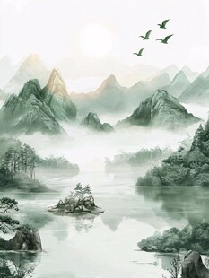 水墨山水间飞鸟伴江景