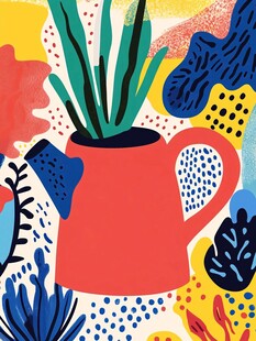 红色喷壶中的绿植插画