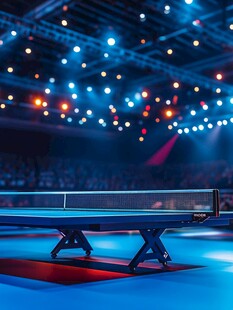 赛场灯光下的乒乓球桌