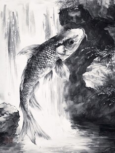 水墨鲤鱼跃于瀑布之畔