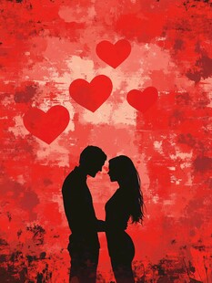 浪漫情侣红心背景剪影