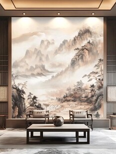 中式客厅水墨山水壁画装饰