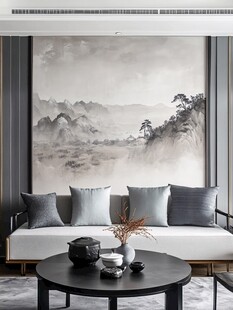 中式客厅山水壁画沙发场景